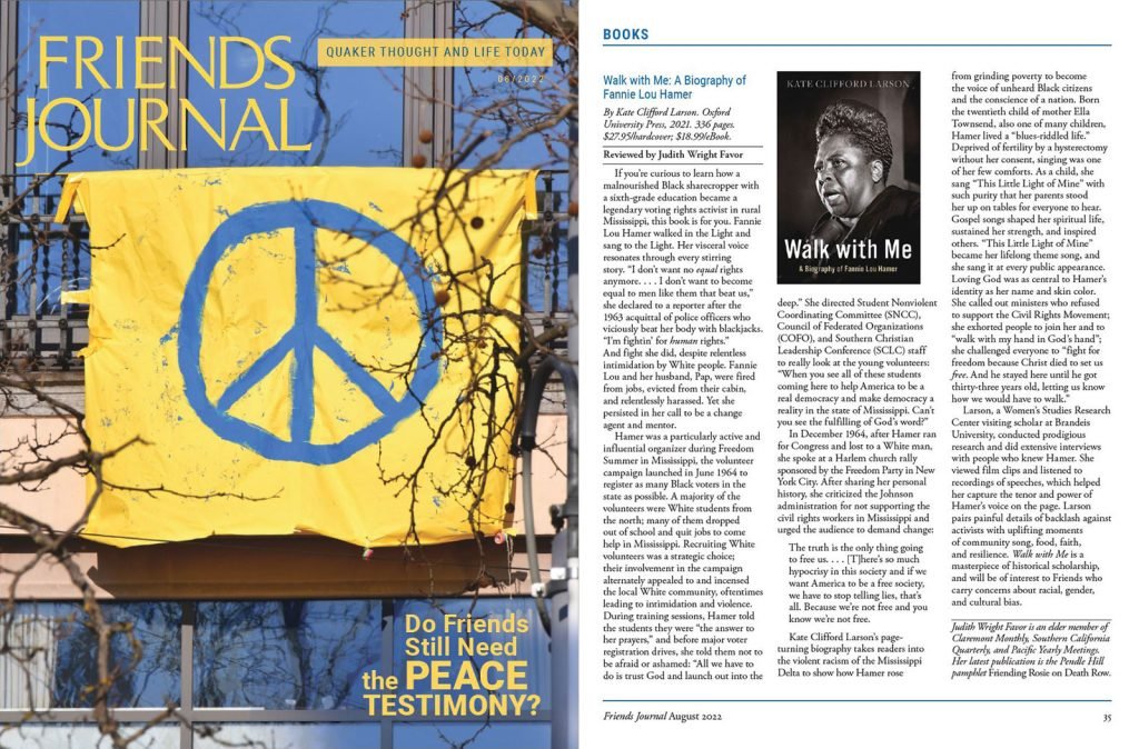 Composite Image of Friends Journal August 22 Cover and Page 35 "Walk With Me Book Review" by Judith Favor